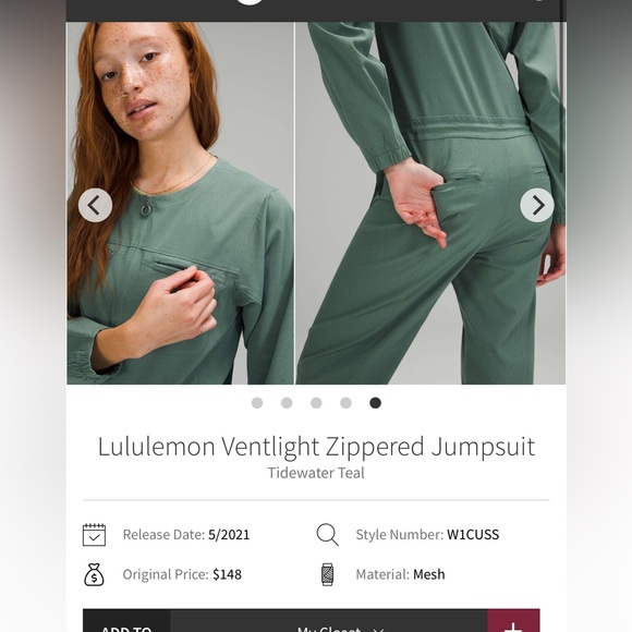 189-$65 *FREE SHIPPING* Lululemon Ventlight Zippered Jumpsuit Tidewater Teal 10 - Picture 2 of 4